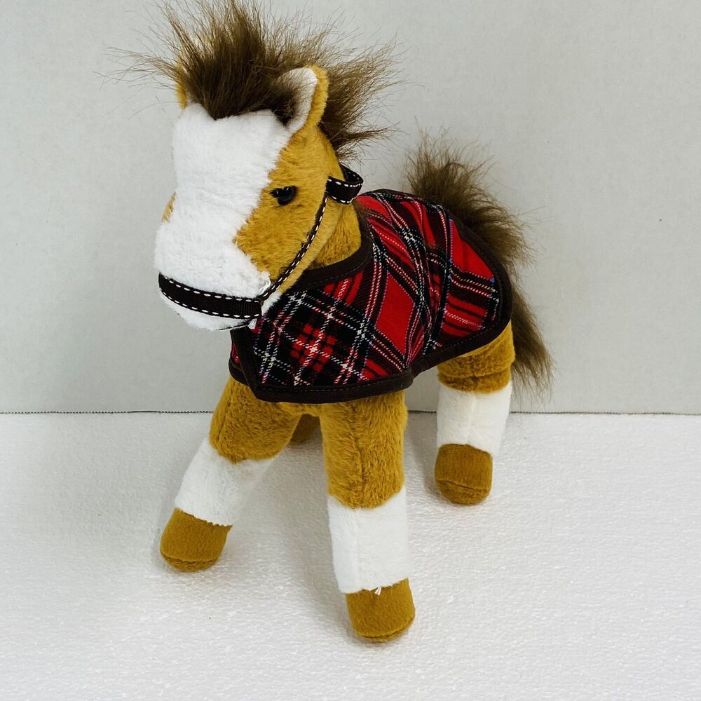 Hug Fun Brown Horse plush with Plaid Saddle Blanket 12” Stuffed Animal Pre loved